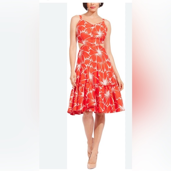 Eva Franco Vibrant Orange Floral Midi Dress size 6 - Picture 1 of 10